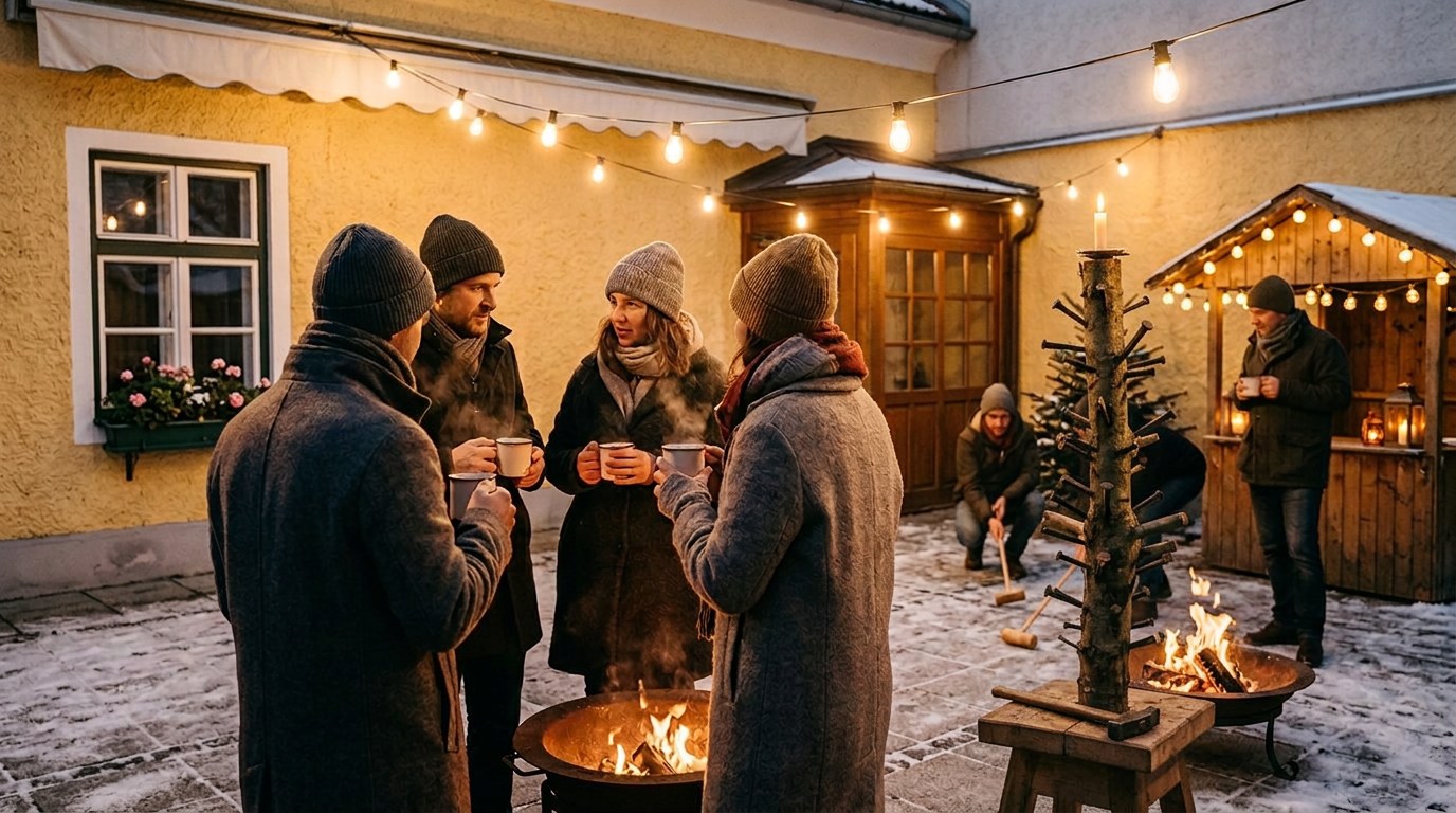Gäste mit Punsch-Tassen an einer Feuerschale im Garten der Bezirks Alm, im Hintergrund ein Nagelstock-Spiel
