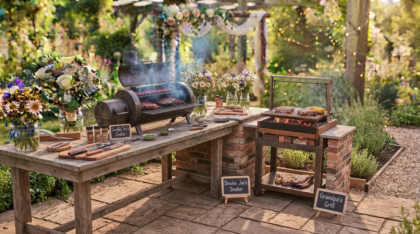 Smoker und Grill in einem festlich geschmückten Garten