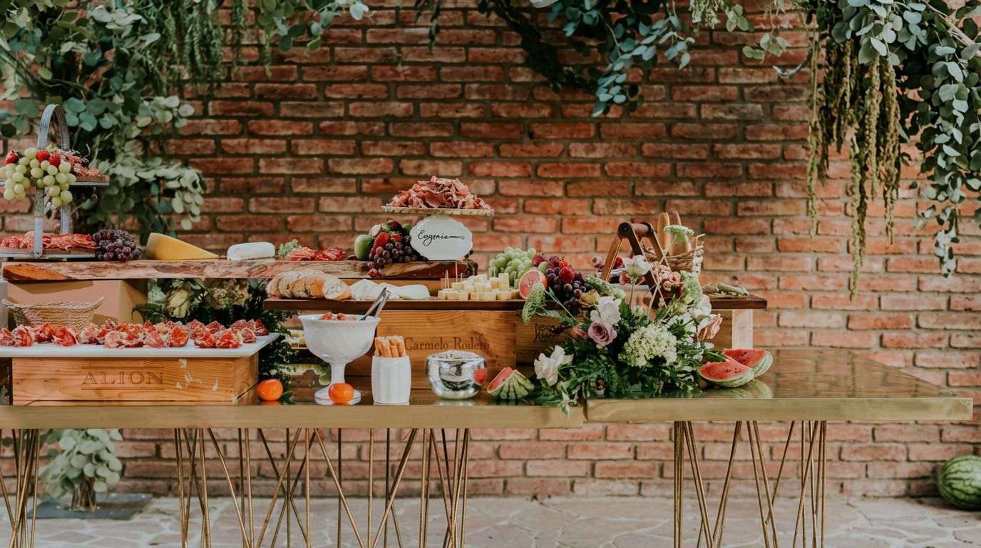 Reichhaltiges Buffet mit Schinken, Käse, Broten, Obst und Blumen