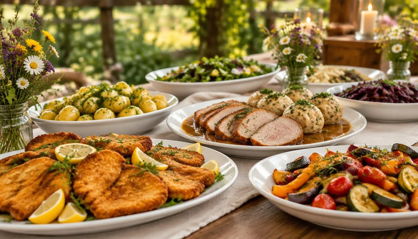 Buffet Inspiration mit Schnitzel, Petersilerdäpfeln, Braten, Knödeln und Gemüse
