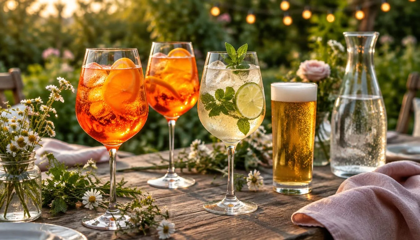 Aperol Spritz, Hugo und Bier auf einem mit Blumen dekorierten Gartentisch